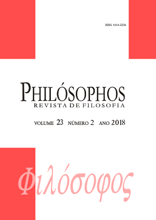 Capa da Philósophos - Revista de Filosofia do volume 23, número 2 de 2018. Em tons de vermelhos, há retângulos nas bordas. Centralizado há o nome da revista e a identificação do volume, abaixo o nome escrito com letras gregas.